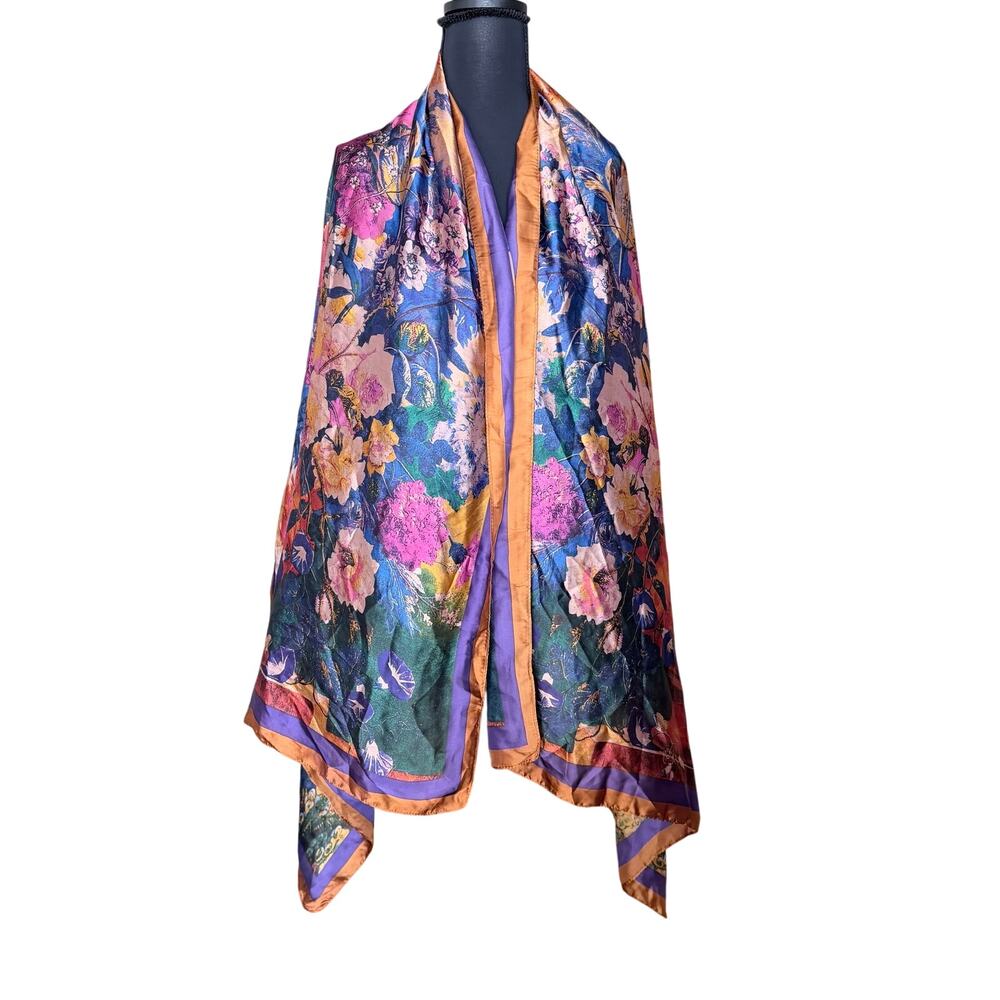 Blue floral bouquet garden silk feeling scarf wrap shawl no tag dark romantic